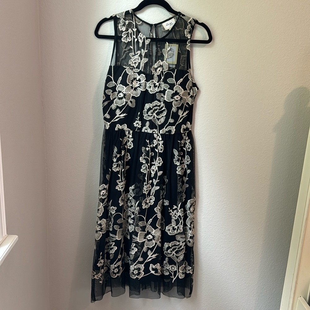 Beige by eci Black Floral Embroidered Mesh Dress